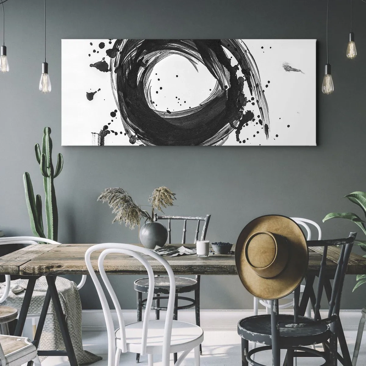 Bild auf Leinwand - Leinwandbild - Schwarze Abstraktion in Form eines Kreises auf weißem Hintergrund - 160x50cm - Der Wirbel der Schöpfung - Moderne Wanddekoration für Wohnzimmer und Schlafzimmer ARTTOR