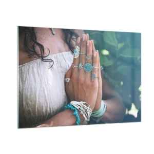 Glasbild - Bild auf glas - Frauenhände tragen Boho-Schmuck - 100x70cm - Willkommen im Zentrum des Seins - Moderne Wanddekoration für Wohnzimmer und Schlafzimmer ARTTOR