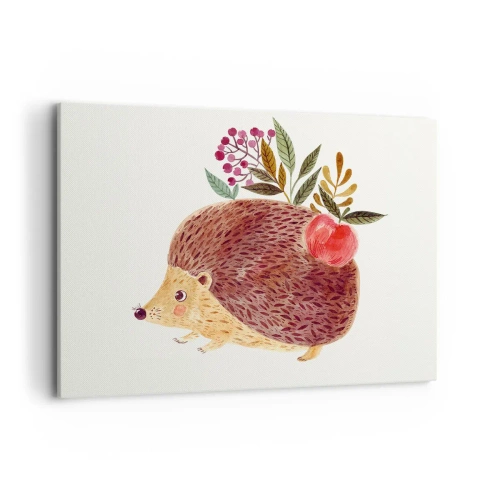 Bild auf Leinwand - Leinwandbild - Ein süßer Igel mit einem Apfel und Pflanzen im illustrativen Stil - 100x70cm - Und dann magst du mich schon - Moderne Wanddekoration für Wohnzimmer und Schlafzimmer ARTTOR