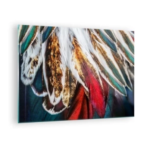 Glasbild - Bild auf glas - Bunte Federn in einer reichen Farbpalette mit einer ausgeprägten Textur - 70x50cm - Geheimnisse des Fliegens - Moderne Wanddekoration für Wohnzimmer und Schlafzimmer ARTTOR