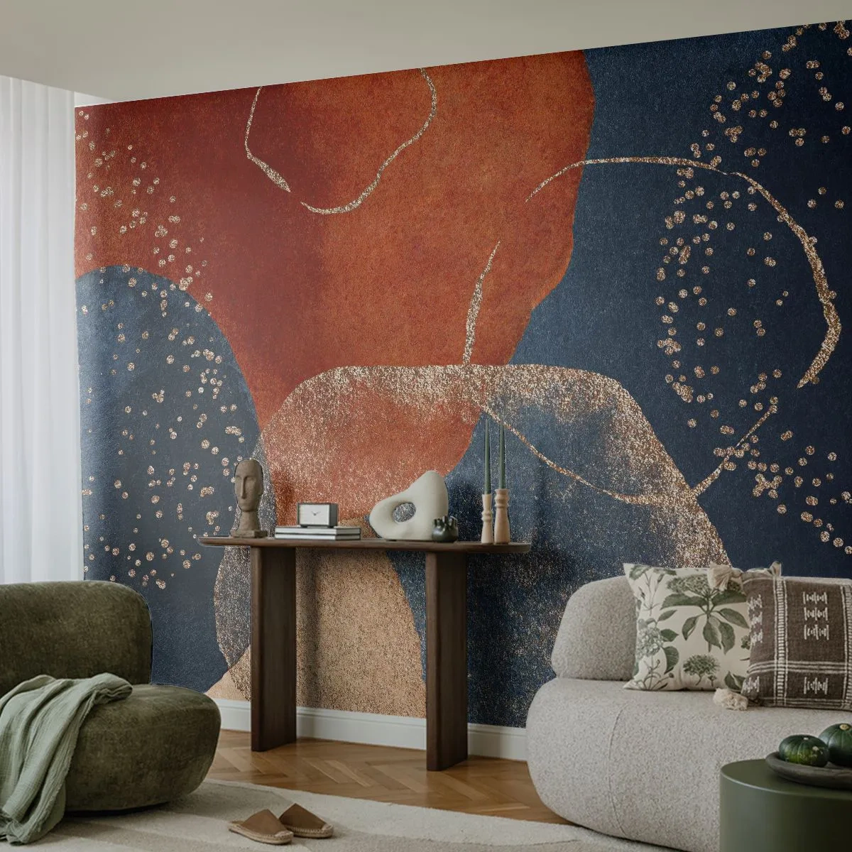 Fototapete Premium Sand - Abstrakte Punkte in Marineblau und Kupfer mit einem Hauch von Gold - 100x70cm - Die Leichtigkeit des Seins - Moderne Wanddekoration für Wohnzimmer und Schlafzimmer ARTTOR