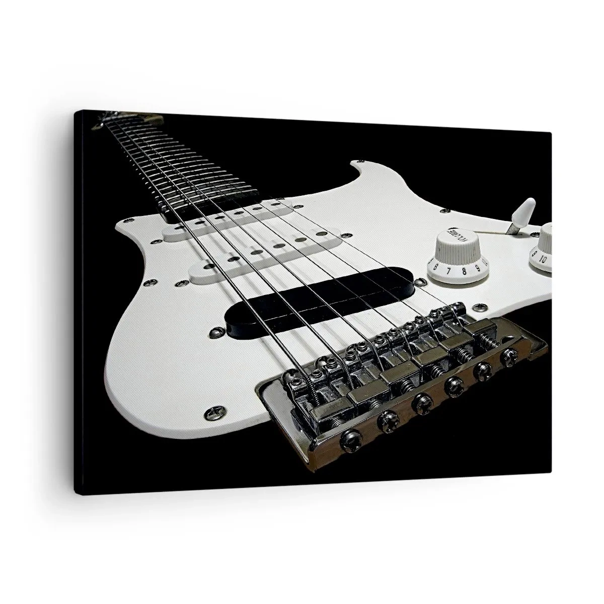 Bild auf Leinwand - Leinwandbild - Nahaufnahme einer weißen E-Gitarre auf schwarzem Hintergrund. - 70x50cm - In Weiß versteckter Ton - Moderne Wanddekoration für Wohnzimmer und Schlafzimmer ARTTOR