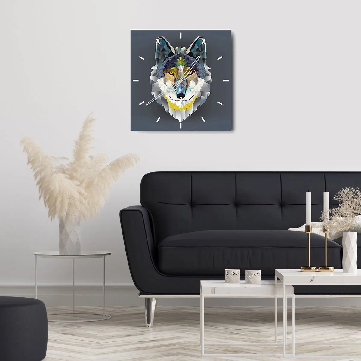 Wanduhr - Glasuhr - Geometrisches Bild eines Wolfes auf grauem Hintergrund - 30x30cm - Vom Teufel sprechen - Moderne Wanddekoration für Wohnzimmer und Schlafzimmer ARTTOR