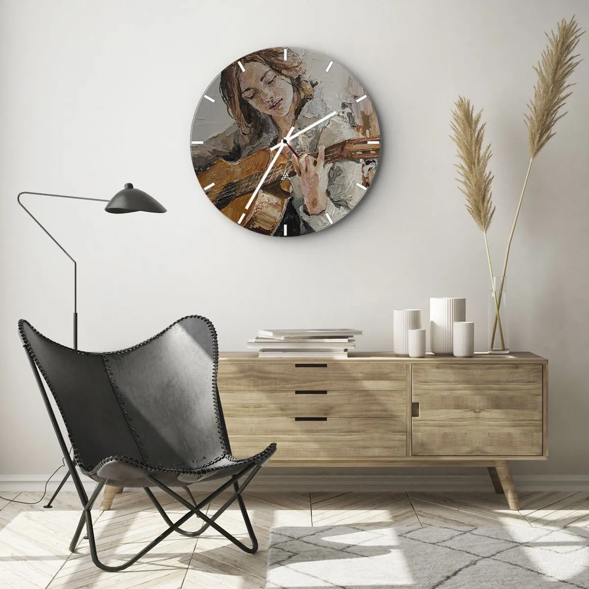 Wanduhr - Glasuhr - Porträt einer Gitarre spielenden Frau im malerischen Stil - 30x30cm - Konzert für Gitarre und Mädchenherz - Moderne Wanddekoration für Wohnzimmer, Küche und Schlafzimmer ARTTOR