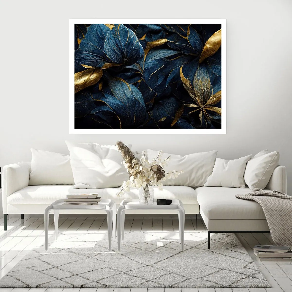 Poster - Elegante Blätter in Gold- und Marineblautönen - 100x70cm - Mit Gold gefüttert - Moderne Wanddekoration für Wohnzimmer und Schlafzimmer ARTTOR