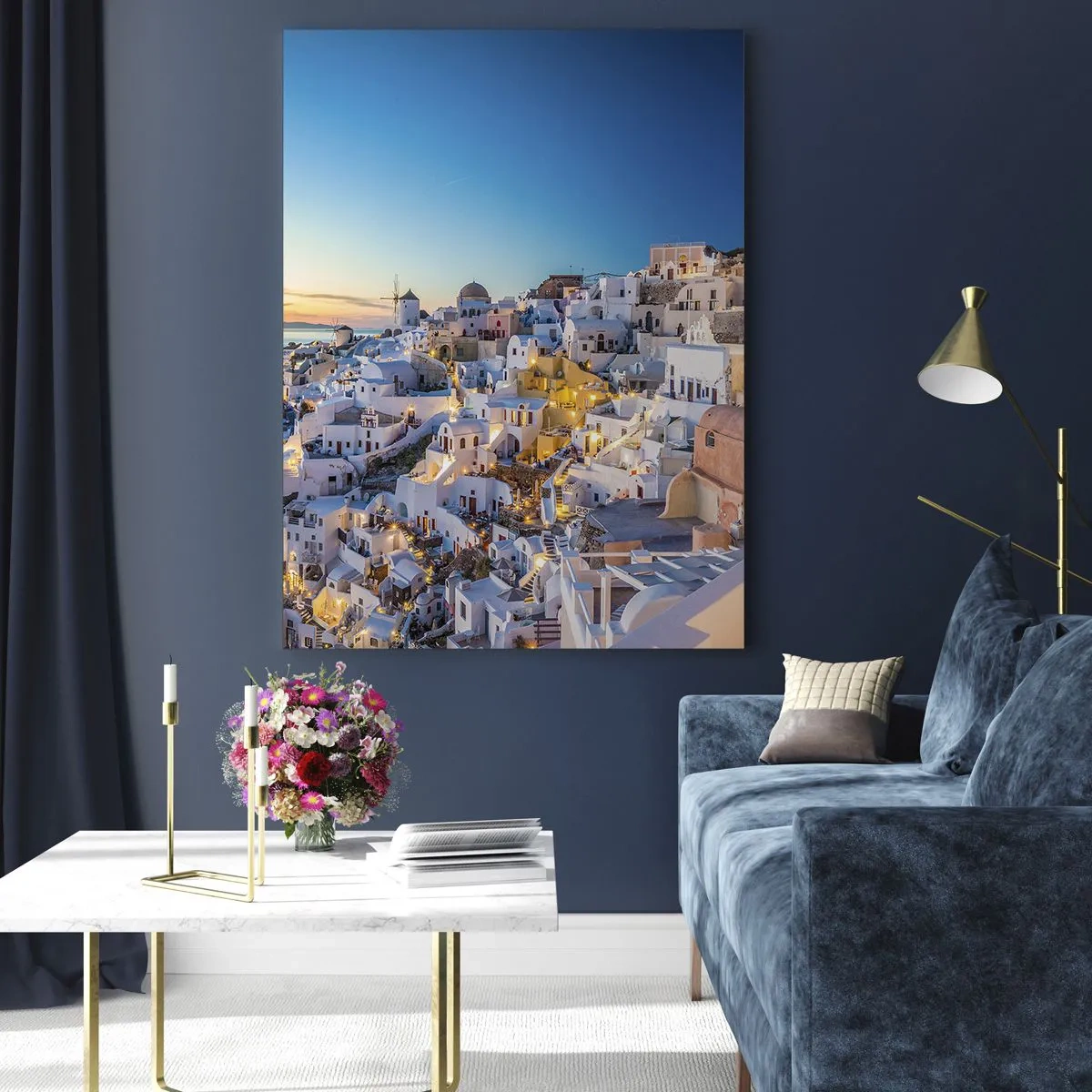 Glasbild - Bild auf glas - Panorama von Santorin bei Sonnenuntergang - 50x70cm - Die Essenz des Griechischen - Moderne Wanddekoration für Wohnzimmer und Schlafzimmer ARTTOR