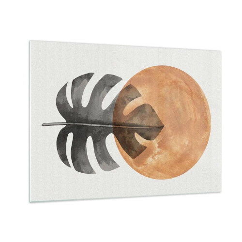 Glasbild - Bild auf glas - Monstera-Blatt und orangefarbener Kreis im Grafikstil auf weißem Hintergrund. - 70x50cm - Immer die Sonne - Moderne Wanddekoration für Wohnzimmer und Schlafzimmer ARTTOR