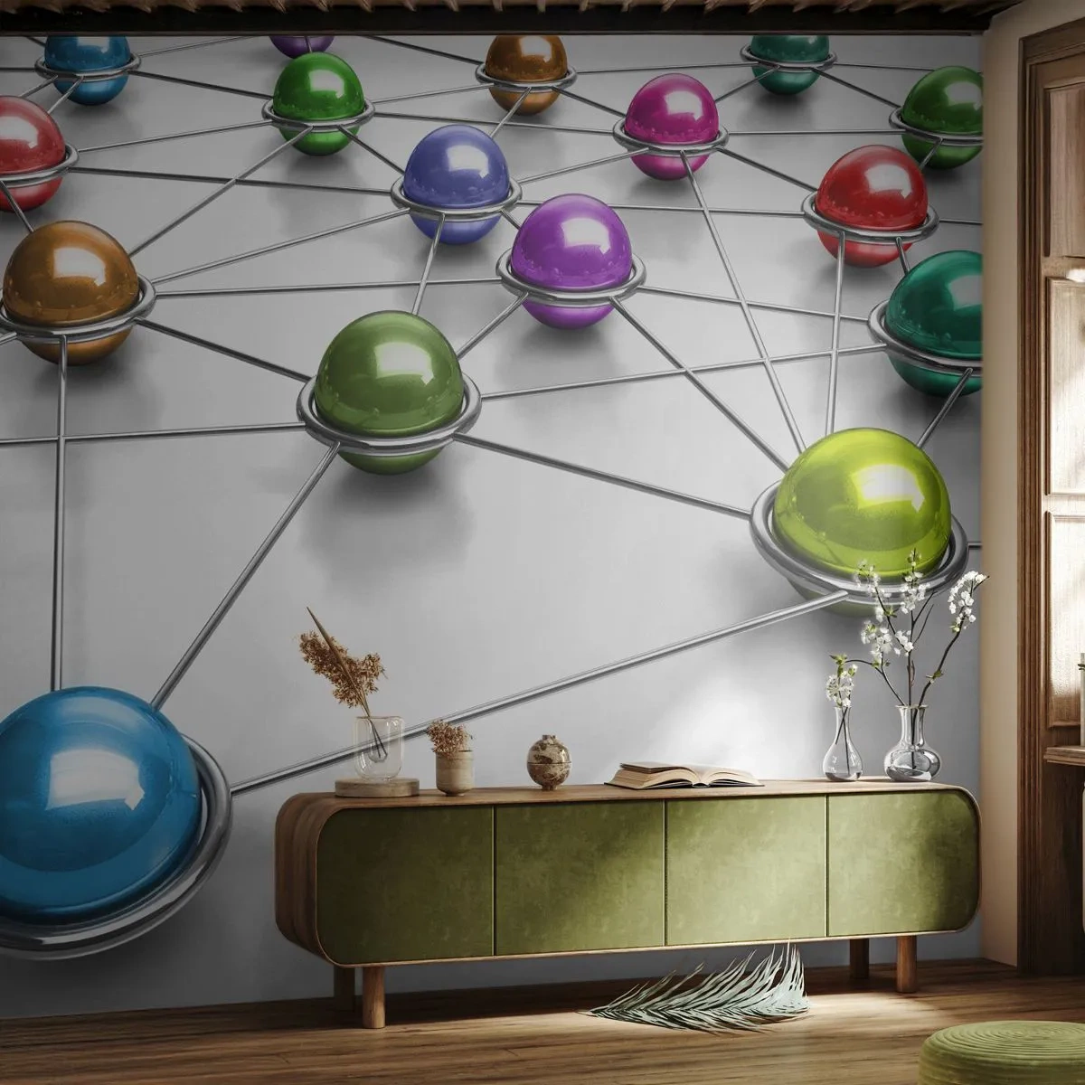 Fototapete Premium Sand - Kosmisches Spinnennetz - Abstraktion, Metallkugeln, 3D - 350x256 cm