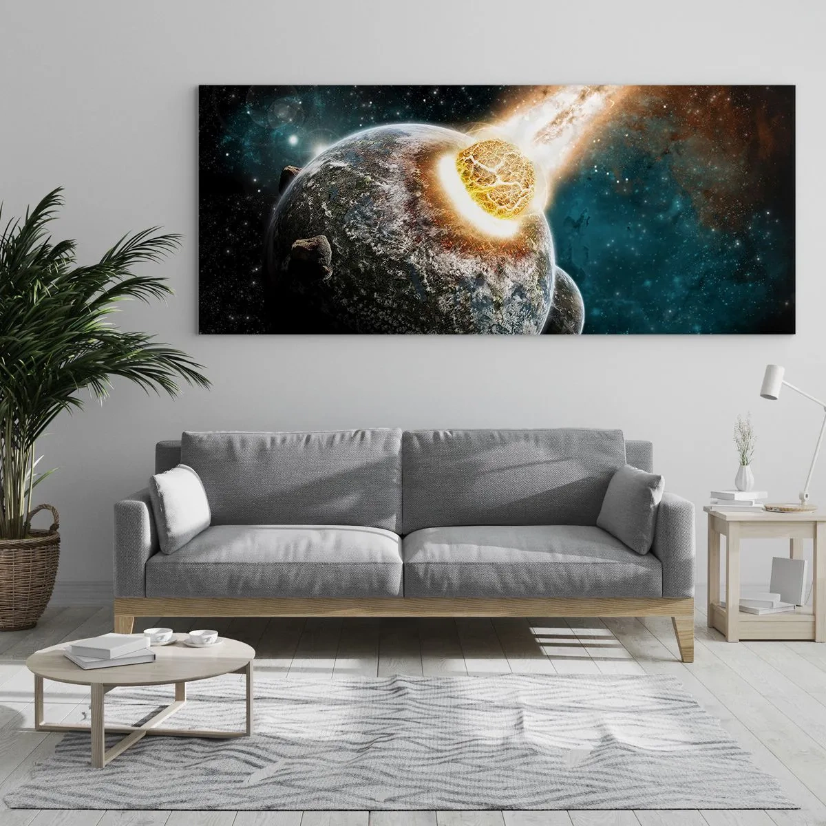 Glasbild - Bild auf glas - Kosmische Kollision eines Planeten mit einem Asteroiden in der Nähe der Galaxie. - 140x50cm - Holocaust oder Geburt? - Moderne Wanddekoration für Wohnzimmer und Schlafzimmer ARTTOR