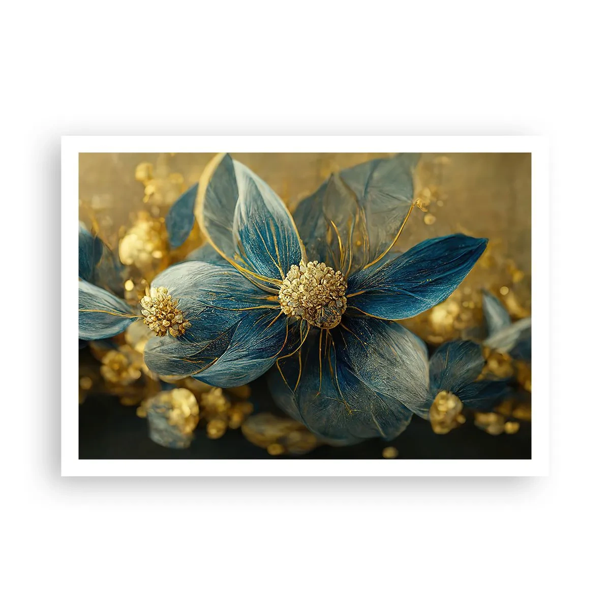 Poster - Elegante Blumen in Blau- und Goldtönen - 100x70cm - Mit Gold blühen - Moderne Wanddekoration für Wohnzimmer und Schlafzimmer ARTTOR