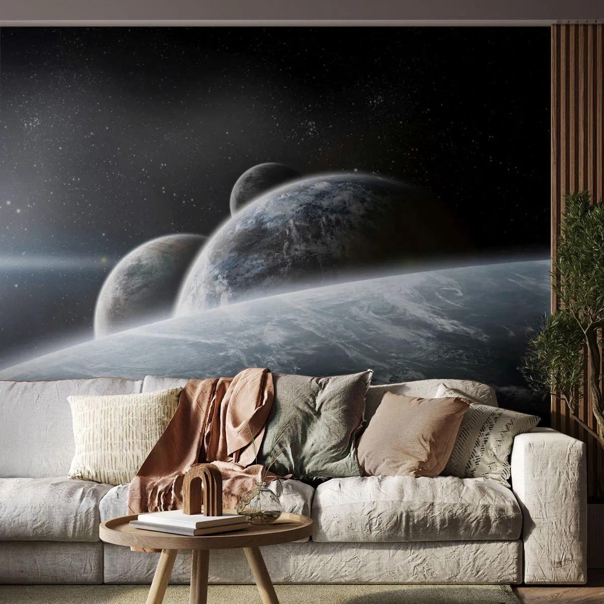 Fototapete Premium Sand - Eine Weltraumlandschaft mit mehreren Planeten vor dem Hintergrund von Sternen. - 100x70cm - Kosmische Musik der Sphären - Moderne Wanddekoration für Wohnzimmer und Schlafzimmer ARTTOR