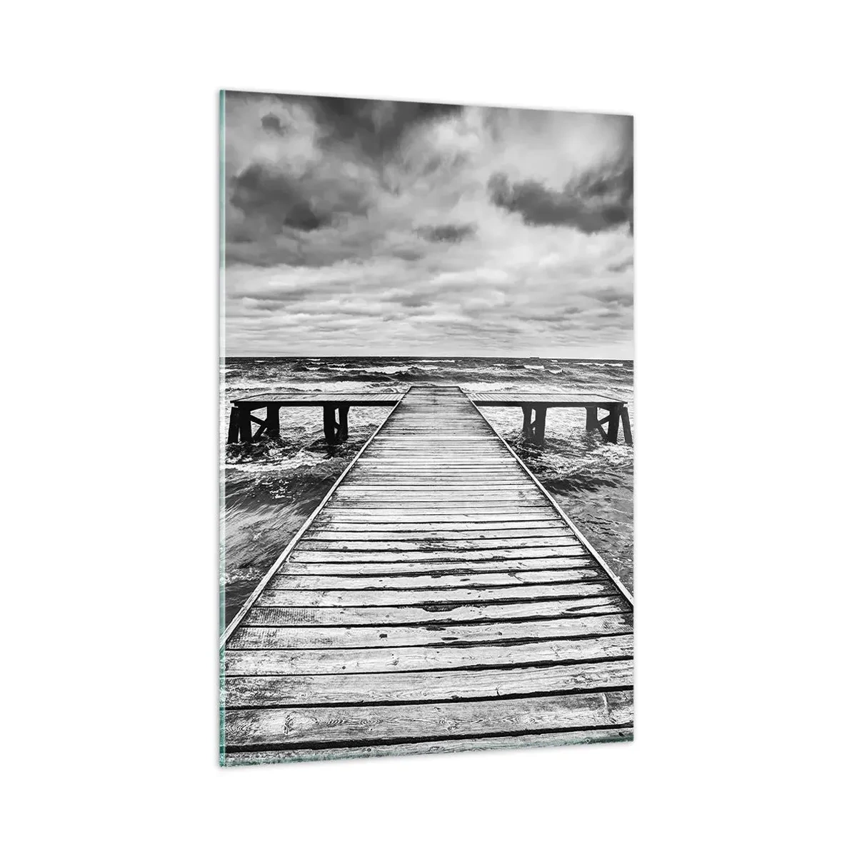 Glasbild - Bild auf glas - Eine Schwarz-Weiß-Ansicht eines Holzstegs über einer stürmischen See. - 80x120cm - Ich warte darauf, dass der Wind wegjagt... - Moderne Wanddekoration für Wohnzimmer und Schlafzimmer ARTTOR