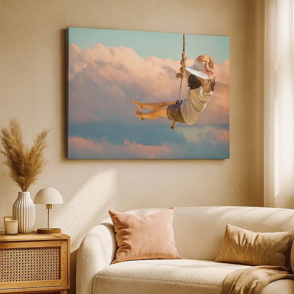 Bild auf Leinwand - Leinwandbild - Frau auf einer Schaukel zwischen rosa Wolken - 70x50cm - Spaß in den Wolken - Moderne Wanddekoration für Wohnzimmer und Schlafzimmer ARTTOR