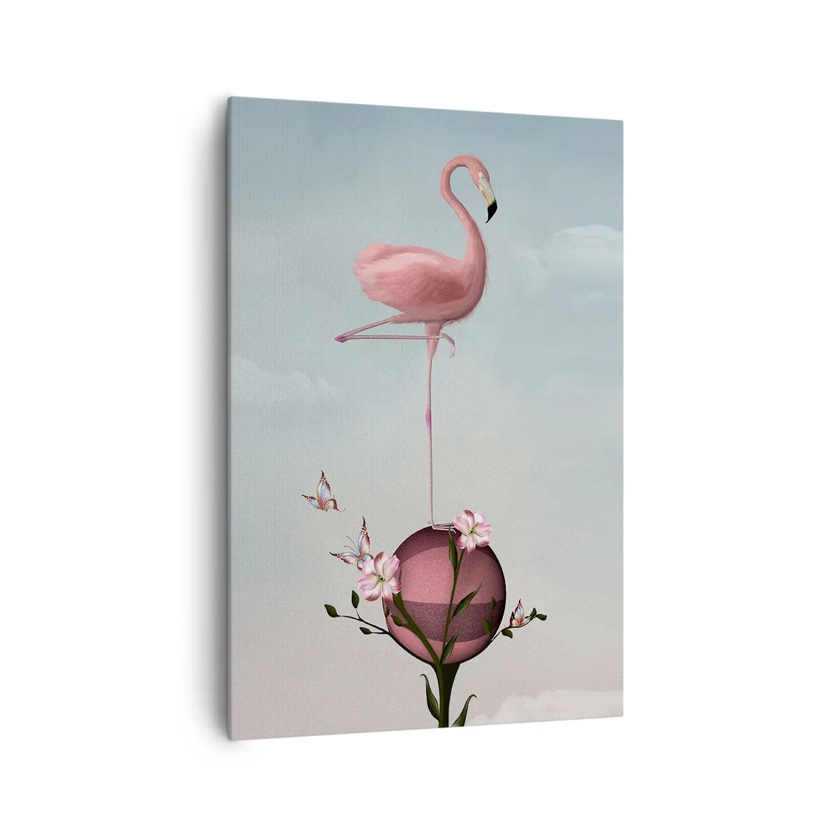 Bild auf Leinwand - Leinwandbild - Ein rosa Flamingo balanciert auf einem Blumenball - 70x100cm - Basketball-Allegorie - Moderne Wanddekoration für Wohnzimmer und Schlafzimmer ARTTOR