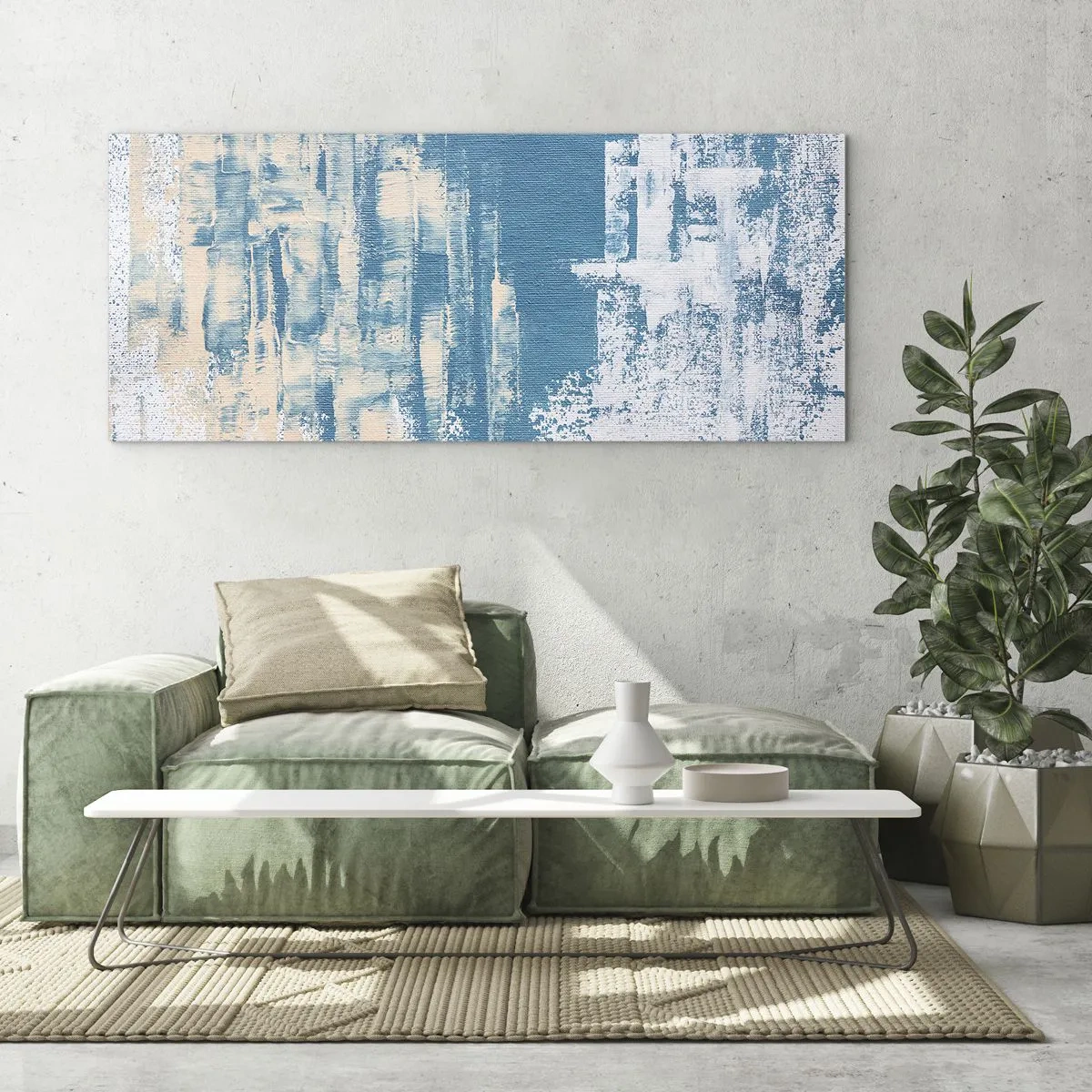 Glasbild - Bild auf glas - Abstrakte Komposition in Blau- und Weißtönen - 140x50cm - Durch einen Eiszapfen - Moderne Wanddekoration für Wohnzimmer und Schlafzimmer ARTTOR