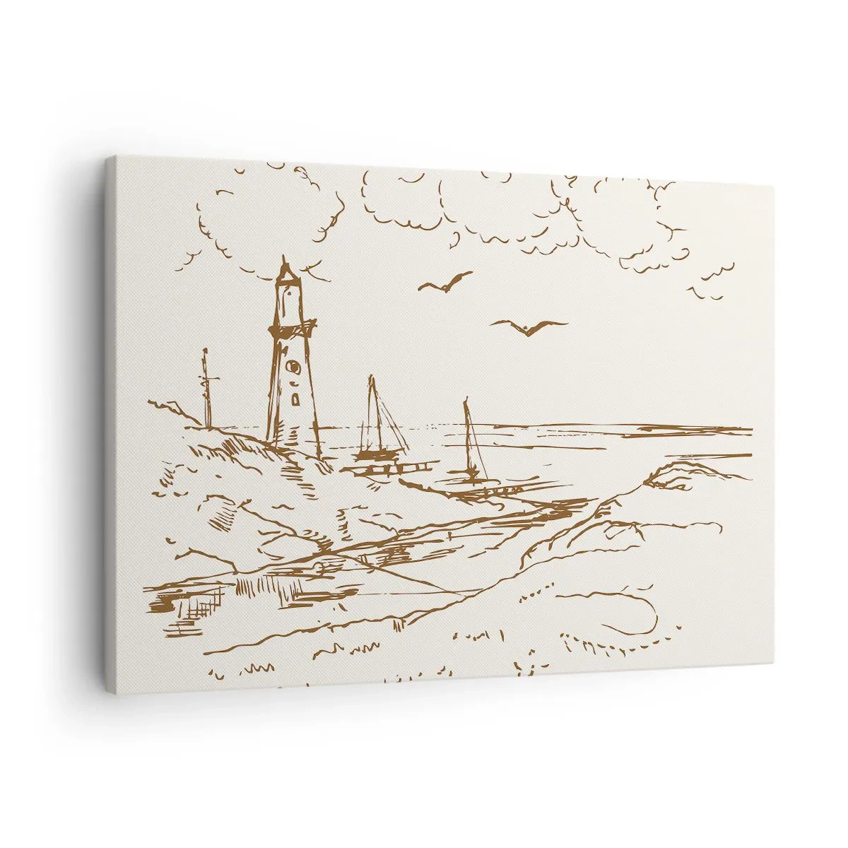 Bild auf Leinwand - Leinwandbild - Skizze eines Leuchtturms mit Blick auf das Meer - 70x50cm - Ein Überblick über die Erinnerungen an den Sommer - Moderne Wanddekoration für Wohnzimmer und Schlafzimmer ARTTOR