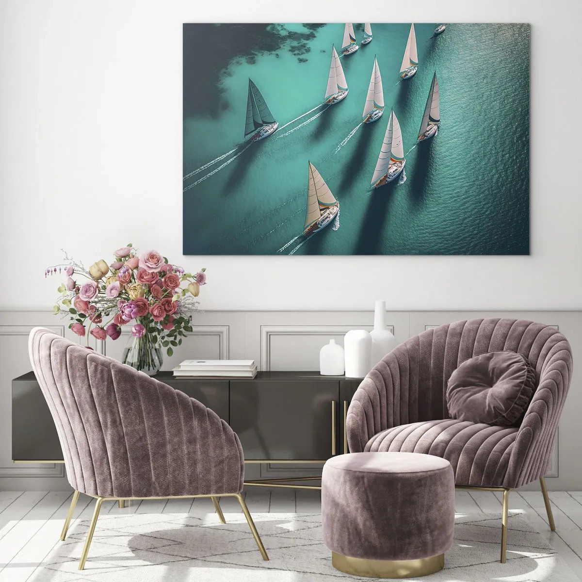 Glasbild - Bild auf glas - Segelboote auf türkisfarbenem Wasser aus der Vogelperspektive aufgenommen - 70x50cm - Im Wettbewerb mit dem Wind - Moderne Wanddekoration für Wohnzimmer und Schlafzimmer ARTTOR