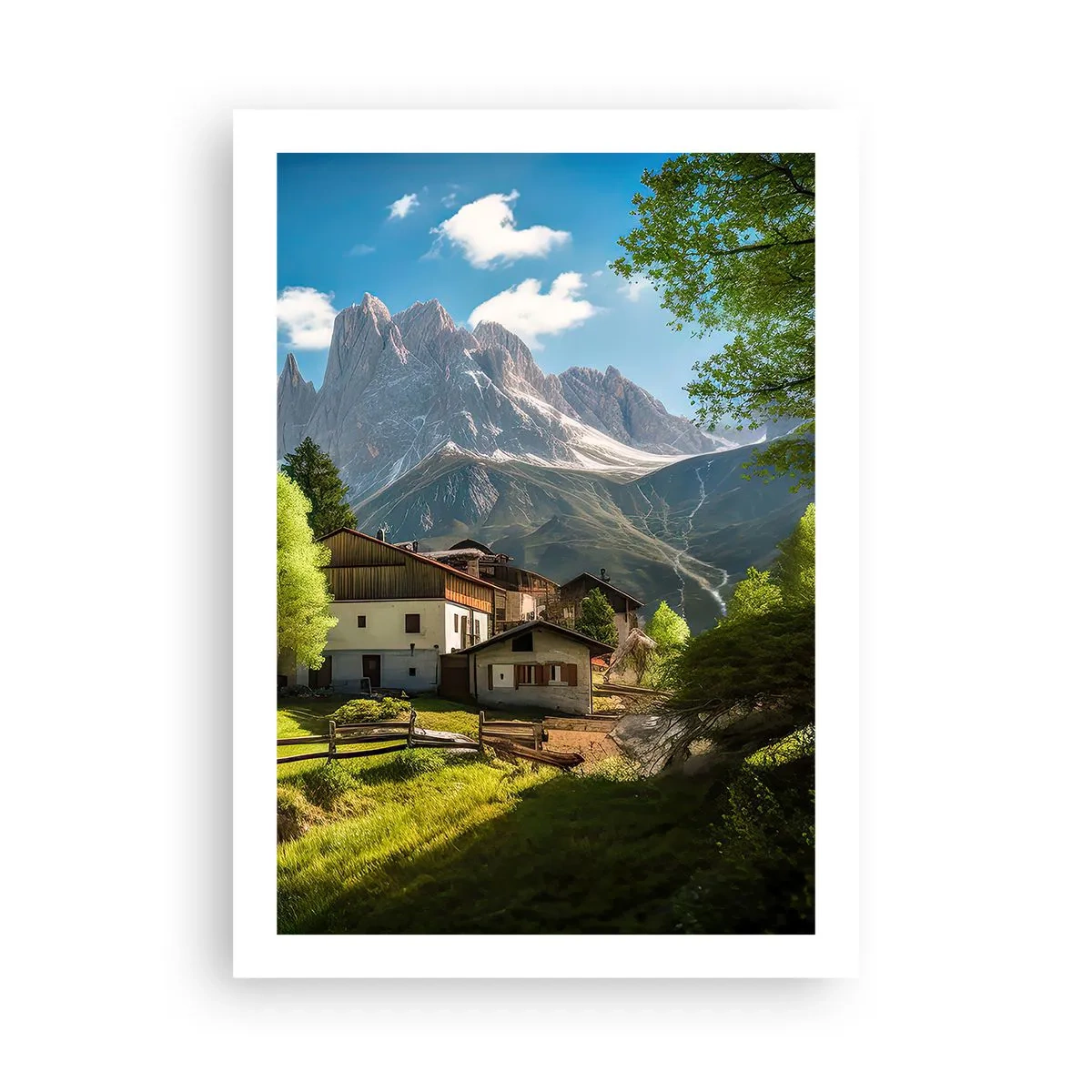 Poster - Ein Bergdorf am Fuße majestätischer Gipfel - 50x70cm - Alpenidylle - Moderne Wanddekoration für Wohnzimmer und Schlafzimmer ARTTOR