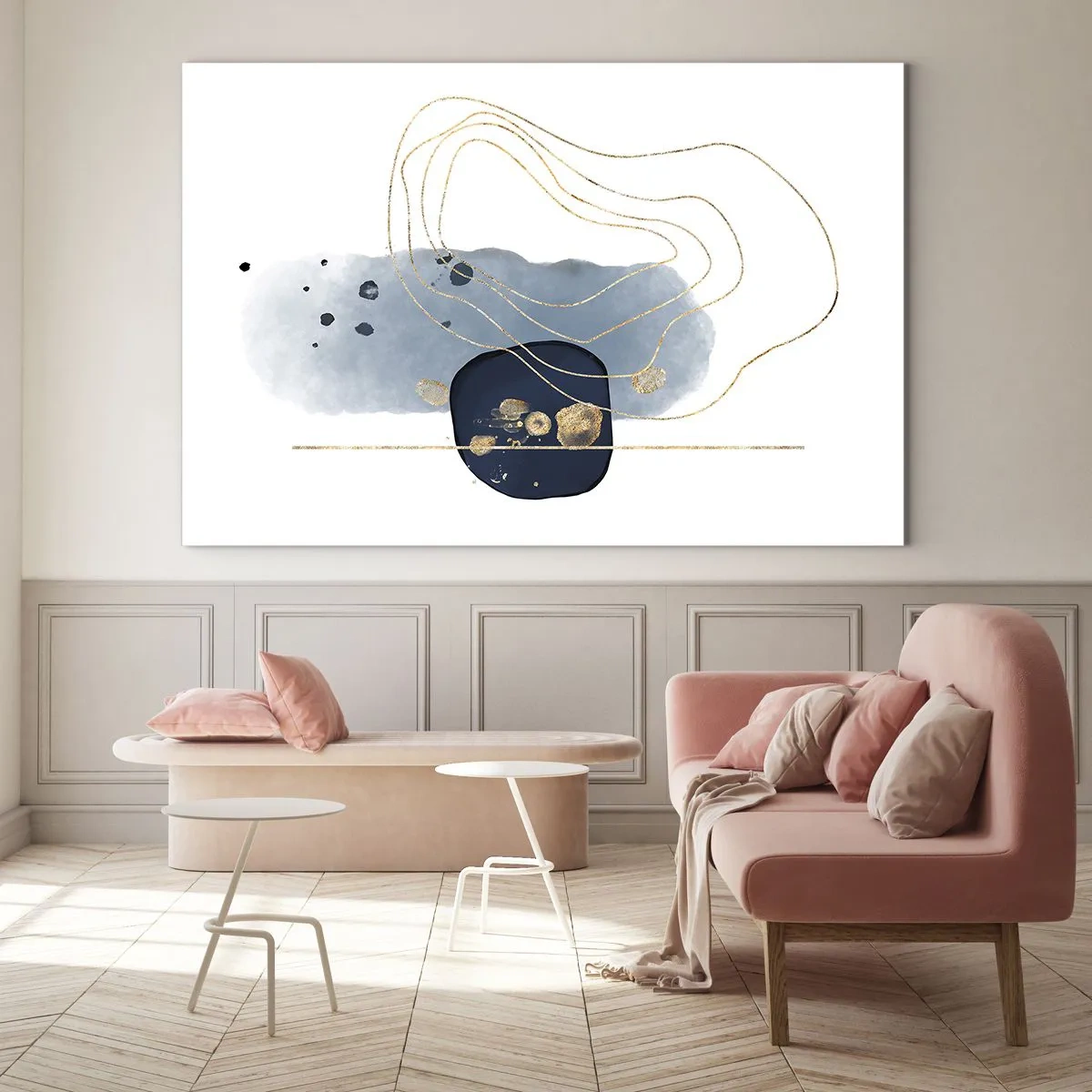 Glasbild - Bild auf glas - Abstrakte Komposition in Blau- und Goldtönen - 100x70cm - Blau-goldene Fantasie - Moderne Wanddekoration für Wohnzimmer und Schlafzimmer ARTTOR