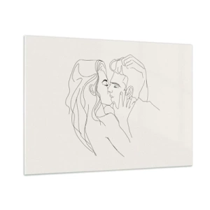 Glasbild - Bild auf glas - Ein sinnlicher Kuss eines Paares in der Konturlinie - 100x70cm - Verstrickt im Gefühl - Moderne Wanddekoration für Wohnzimmer und Schlafzimmer ARTTOR