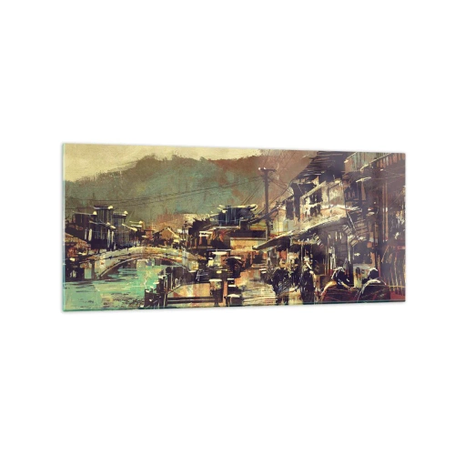 Glasbild - Bild auf glas - Eine Stadt mit einer Brücke und kunstvoll gestalteten Straßen - 120x50cm - Das Leben als Reichtum an Grau - Moderne Wanddekoration für Wohnzimmer und Schlafzimmer ARTTOR