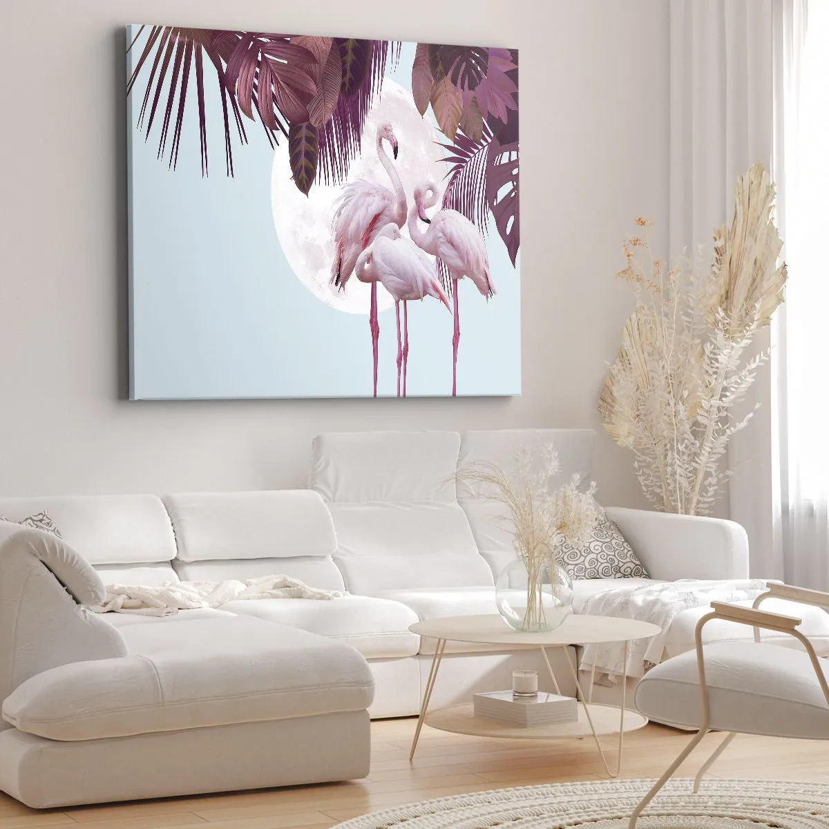 Bild auf Leinwand - Leinwandbild - Rosa Flamingos vor dem Hintergrund des Mondes und tropischer Blätter - 70x50cm - Drei Vogelgnaden - Moderne Wanddekoration für Wohnzimmer und Schlafzimmer ARTTOR