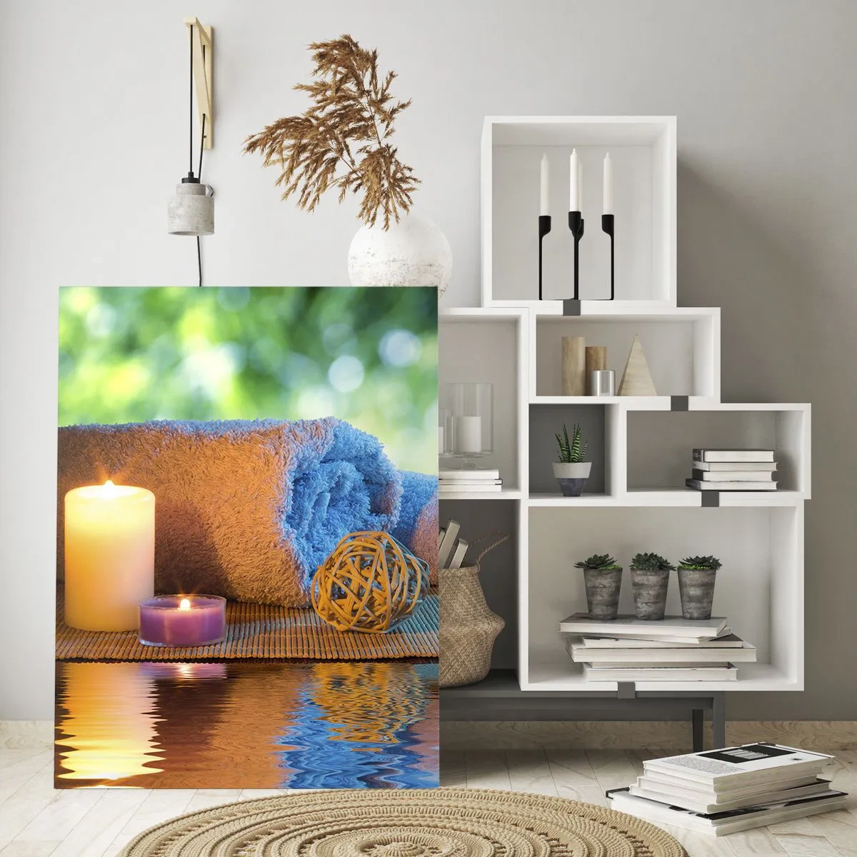 Glasbild - Bild auf glas - Entspannendes SPA-Set mit Handtüchern, Kerzen und Steinen - 80x120cm - Zeit für den Körper - Moderne Wanddekoration für Wohnzimmer und Schlafzimmer ARTTOR