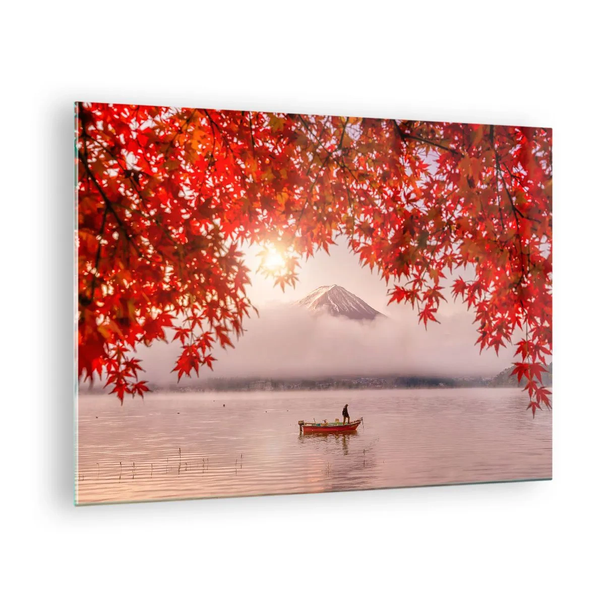 Glasbild - Bild auf glas - Der Fuji mit einem Boot auf einem See, umgeben von roten Blättern - 70x50cm - Im japanischen Klima - Moderne Wanddekoration für Wohnzimmer und Schlafzimmer ARTTOR