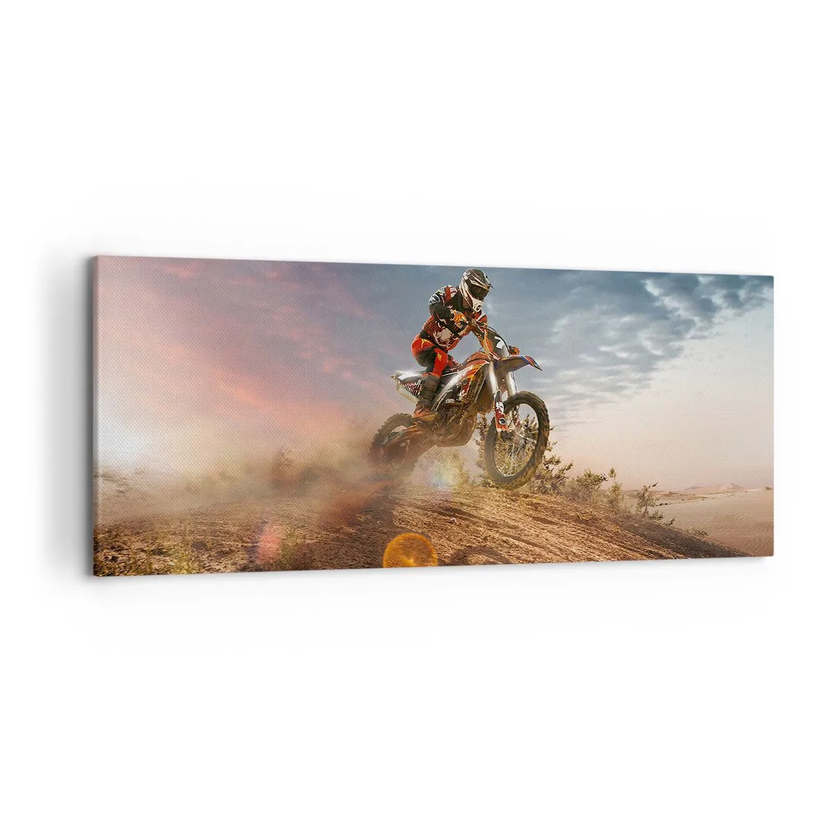 Bild auf Leinwand - Leinwandbild - Motorradfahrer in den Dünen bei Sonnenuntergang - 120x50cm - Für den Sieg - Moderne Wanddekoration für Wohnzimmer und Schlafzimmer ARTTOR