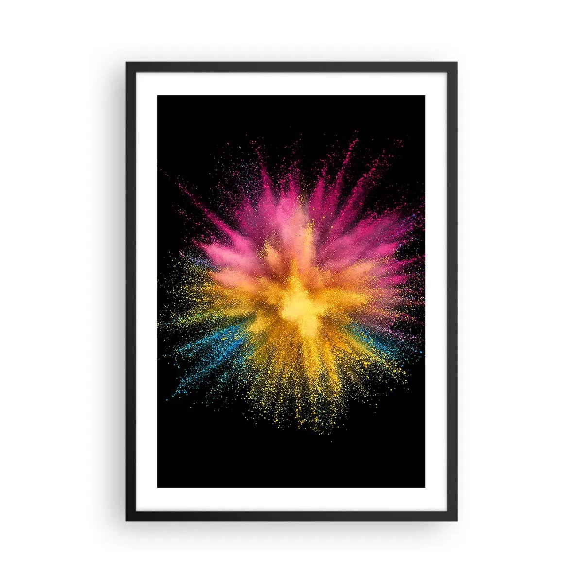 Poster in einem schwarzem Rahmen - Explosion von farbigem Pulver auf schwarzem Hintergrund - 50x70cm - Die Geburt der Farben - Moderne Wanddekoration für Wohnzimmer und Schlafzimmer ARTTOR