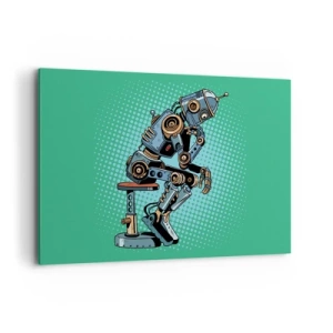 Bild auf Leinwand - Leinwandbild - Denkerroboter im Pop-Art-Stil auf grünem Hintergrund - 120x80cm - Über der Essenz des Seins - Moderne Wanddekoration für Wohnzimmer und Schlafzimmer ARTTOR