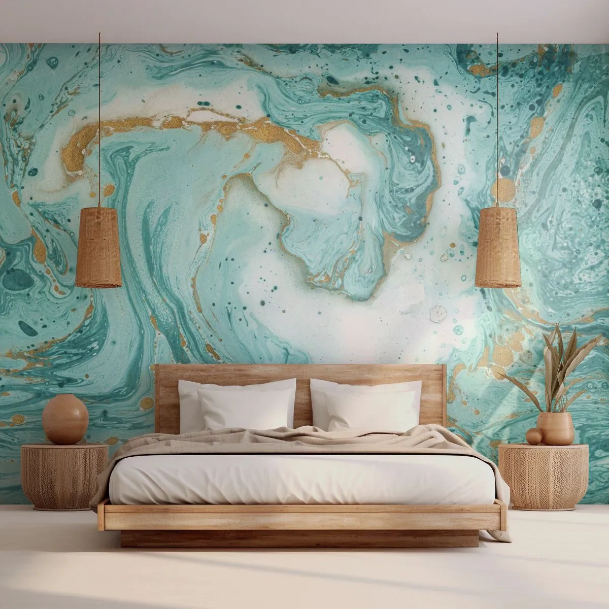 Fototapete Premium Sand - Eine abstrakte Komposition in Türkis- und Goldtönen. - 100x70cm - Unter der großen Welle der Edo-Ära - Moderne Wanddekoration für Wohnzimmer und Schlafzimmer ARTTOR