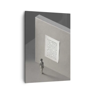 Bild auf Leinwand - Leinwandbild - Eine Figur in einem Labyrinth, die auf eine hängende Karte schaut - 50x70cm - Aber wo bin ich? - Moderne Wanddekoration für Wohnzimmer und Schlafzimmer ARTTOR
