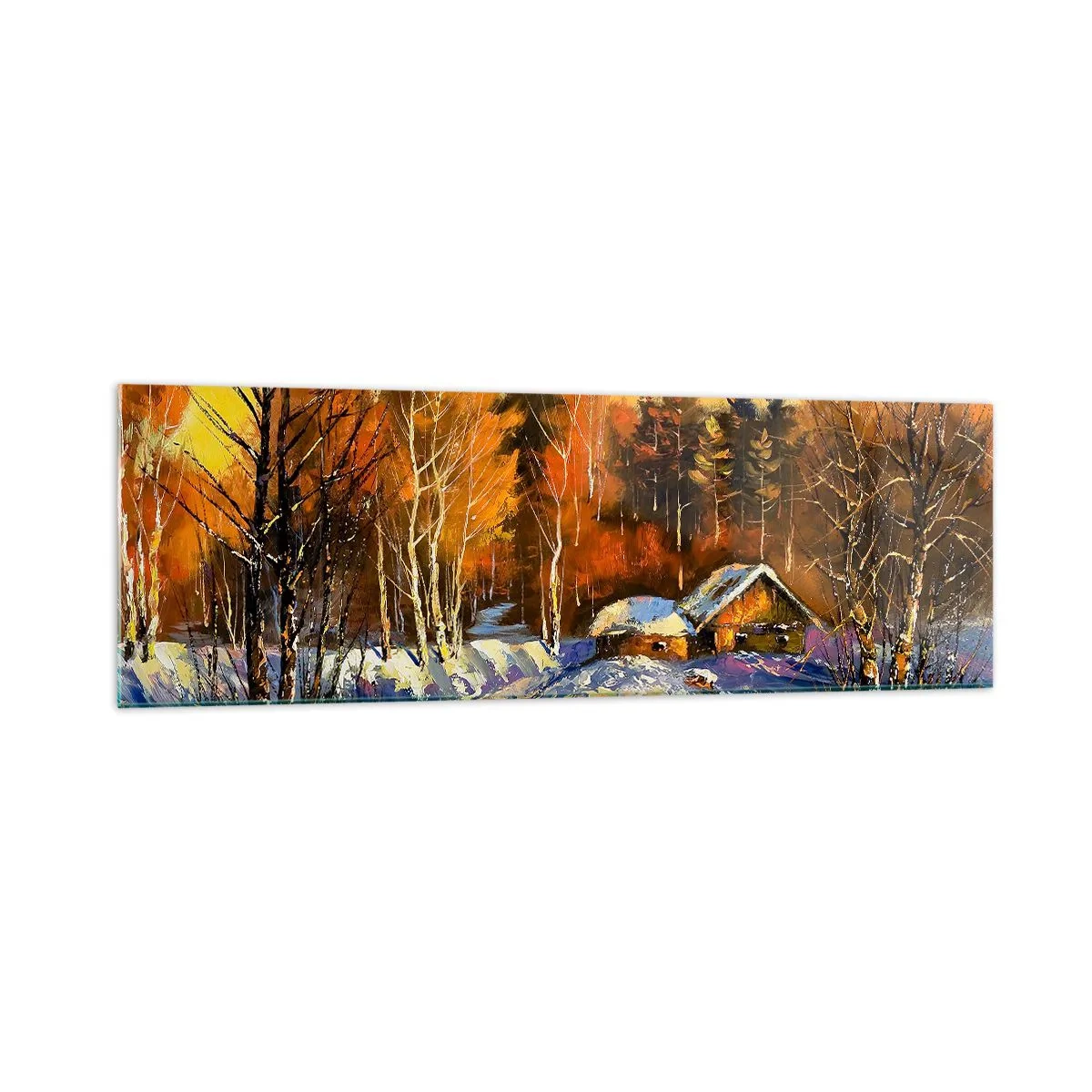 Glasbild - Bild auf glas - Winterlandschaft mit einem Haus im Licht der untergehenden Sonne - 160x50cm - Wintereindruck in der Sonne - Moderne Wanddekoration für Wohnzimmer und Schlafzimmer ARTTOR
