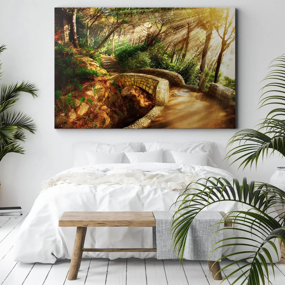 Bild auf Leinwand - Leinwandbild - Waldlandschaft mit Sonnenstrahlen und einer Steinbrücke - 120x80cm - Direkt von der Brücke in den Märchenwald - Moderne Wanddekoration für Wohnzimmer und Schlafzimmer ARTTOR