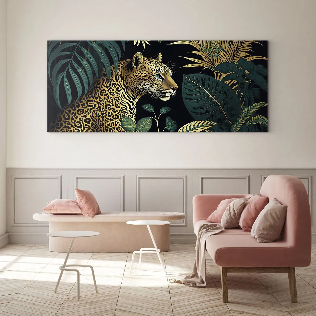 Glasbild - Bild auf glas - Leopard in tropischen Blättern auf schwarzem Hintergrund - 160x50cm - Gastgeber im Dschungel - Moderne Wanddekoration für Wohnzimmer und Schlafzimmer ARTTOR