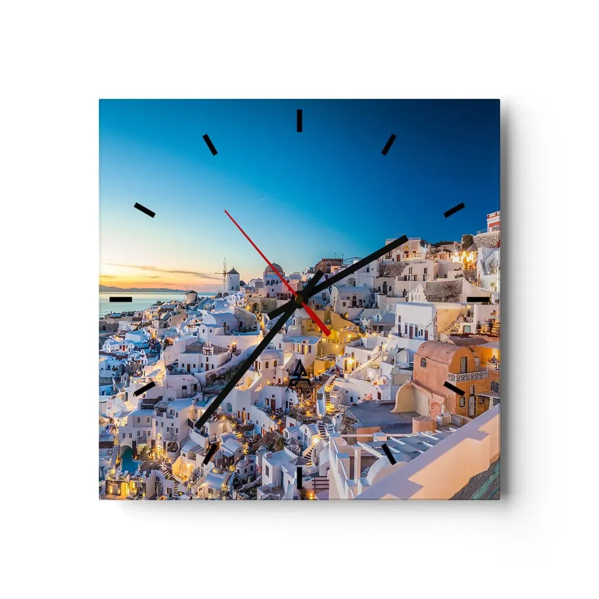 Wanduhr - Glasuhr - Blick auf eine griechische Stadt bei Sonnenuntergang - 30x30cm - Die Essenz des Griechischen - Moderne Wanddekoration für Wohnzimmer und Schlafzimmer ARTTOR