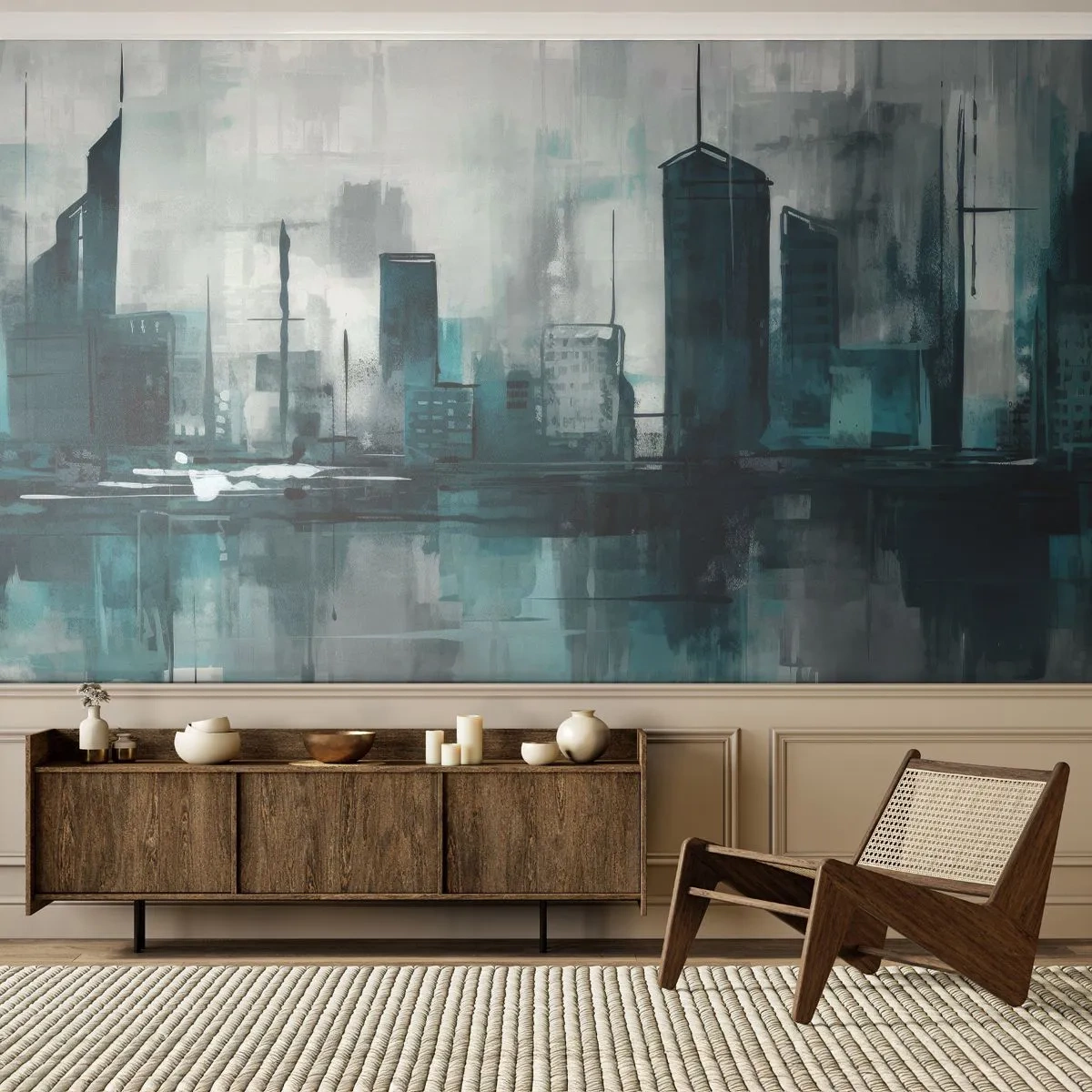 Fototapete Premium Sand - Eine moderne Skyline in kühlen, regnerischen Farben - 100x70cm - Eine Stadt in der Farbe des Regens - Moderne Wanddekoration für Wohnzimmer und Schlafzimmer ARTTOR