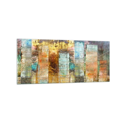 Glasbild - Bild auf glas - Abstrakte Wolkenkratzer im Industriestil - 120x50cm - Sonnige Metropole - Moderne Wanddekoration für Wohnzimmer und Schlafzimmer ARTTOR
