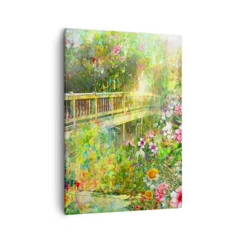 Bild auf Leinwand - Leinwandbild - Eine Brücke umgeben von üppiger Vegetation und Blumen - 50x70cm - Eine Brücke aus Frühlingsseufzern - Moderne Wanddekoration für Wohnzimmer und Schlafzimmer ARTTOR