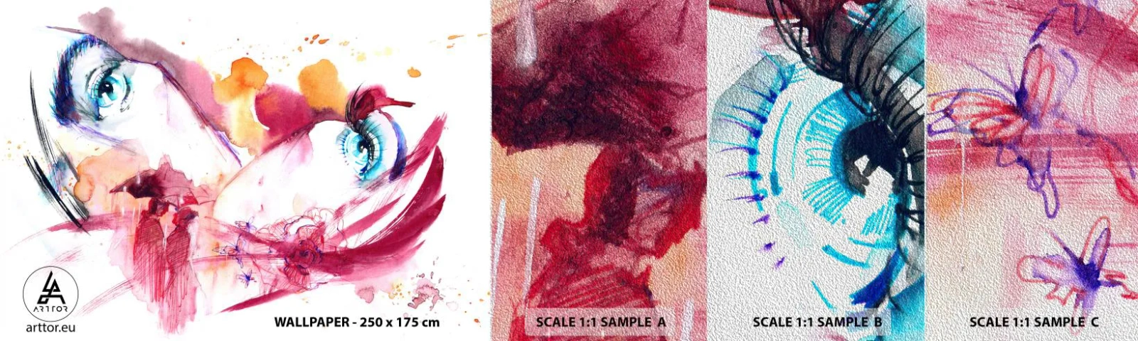 Fototapeten Muster Premium Sand - Die Welt gedeiht in der Nähe - Abstraktion, Das Gesicht einer Frau, Weibliche Augen - 100x30 cm