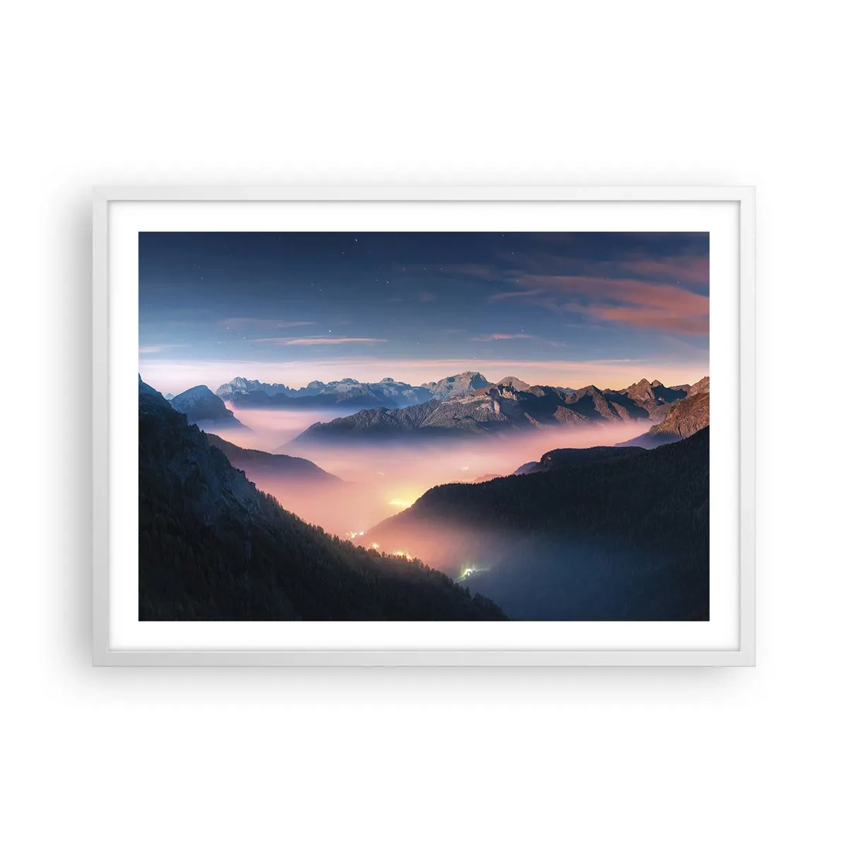 Poster in einem weißen Rahmen - Licht in den Tälern - 70x50 cm