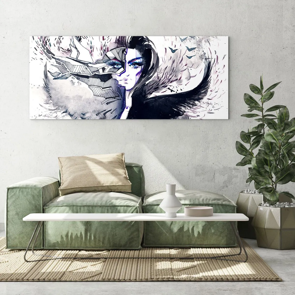 Glasbild - Bild auf glas - Abstraktes Gesicht mit kontrastierenden Elementen und einem Flügelmotiv - 140x50cm - Dämonisch und schön - Moderne Wanddekoration für Wohnzimmer und Schlafzimmer ARTTOR