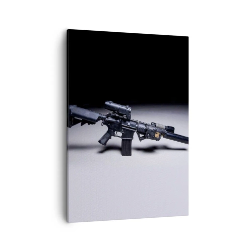 Bild auf Leinwand - Leinwandbild - Ein modernes Gewehr in Schwarz auf dunklem Hintergrund - 50x70cm - dunkler Ritter - Moderne Wanddekoration für Wohnzimmer und Schlafzimmer ARTTOR