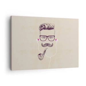 Bild auf Leinwand - Leinwandbild - Retro-Porträt eines Mannes mit Pfeife, Kopfhörer und Brille - 70x50cm - Ein echter Mann? - Moderne Wanddekoration für Wohnzimmer und Schlafzimmer ARTTOR