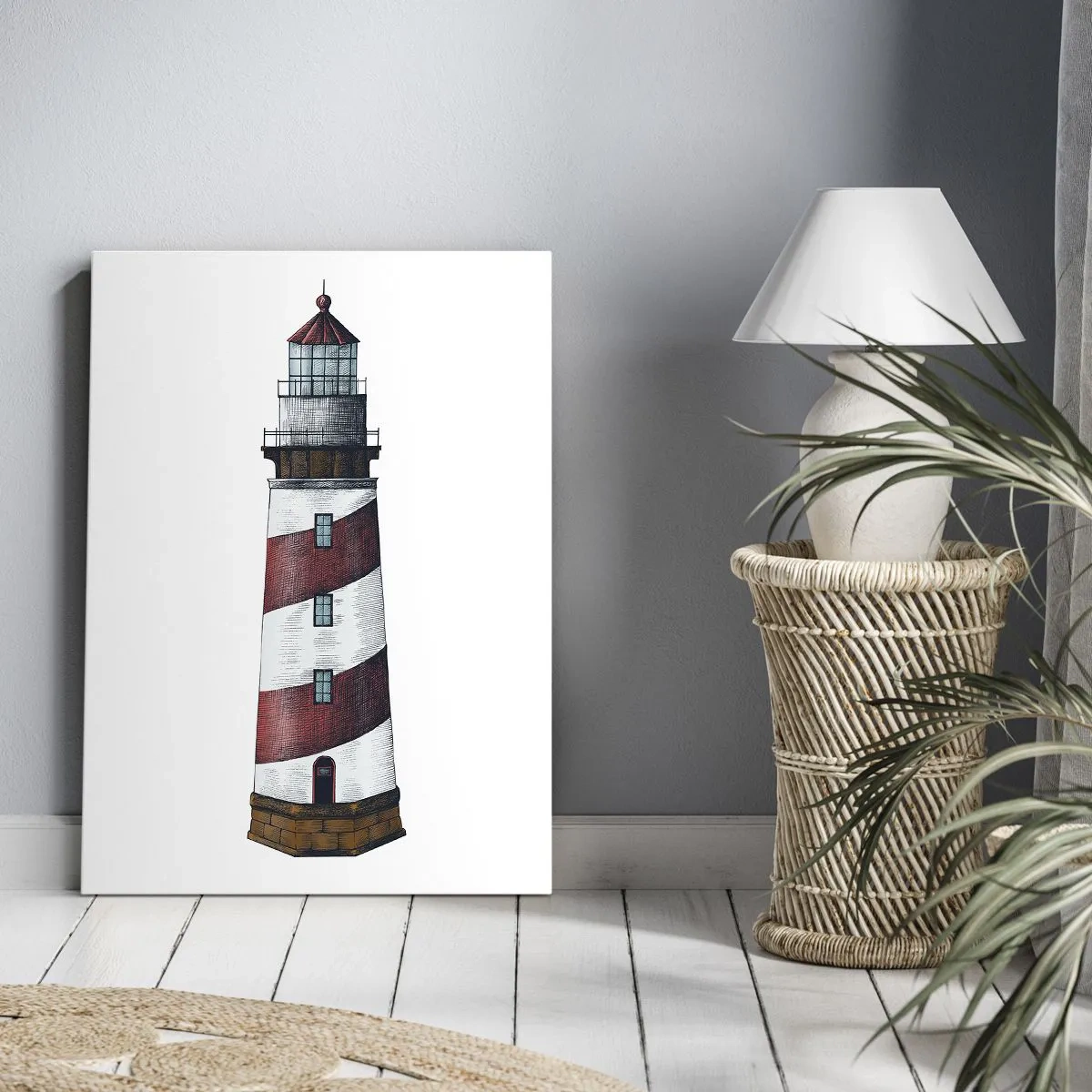Bild auf Leinwand - Leinwandbild - Ein Cartoonbild eines Leuchtturms mit roten und weißen Streifen auf minimalistischem Hintergrund. - 70x100cm - Immer auf der Hut - Moderne Wanddekoration für Wohnzimmer und Schlafzimmer ARTTOR