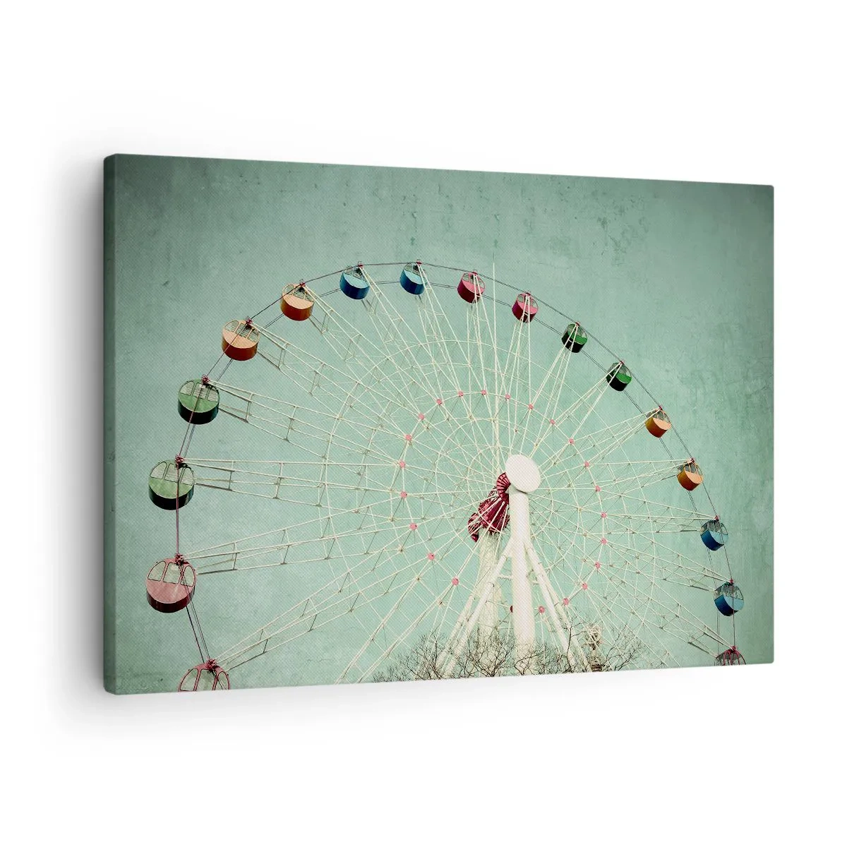 Bild auf Leinwand - Leinwandbild - Ein buntes Riesenrad vor blauem Himmel im Retro-Stil - 70x50cm - Wir laden zum Spiel ein - Moderne Wanddekoration für Wohnzimmer und Schlafzimmer ARTTOR