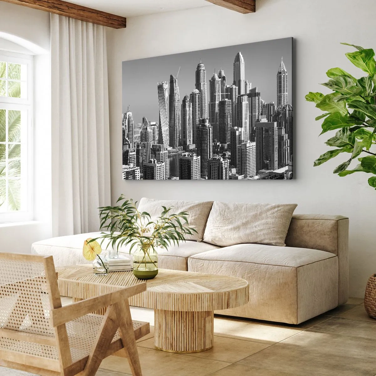 Bild auf Leinwand - Leinwandbild - Panorama moderner Wolkenkratzer in monochromen Tönen - 120x80cm - Stadt in der Wüste - Moderne Wanddekoration für Wohnzimmer und Schlafzimmer ARTTOR
