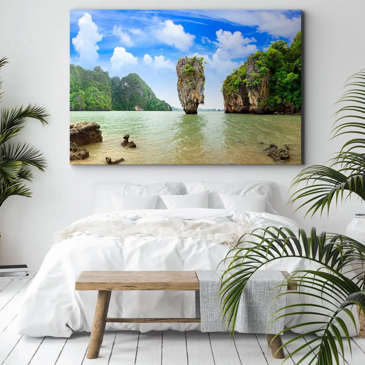 Bild auf Leinwand - Leinwandbild - Eine exotische Felsformation, umgeben von Wasser und Grün unter einem blauen Himmel. - 70x50cm - Felsige Wunder der Natur - Moderne Wanddekoration für Wohnzimmer und Schlafzimmer ARTTOR