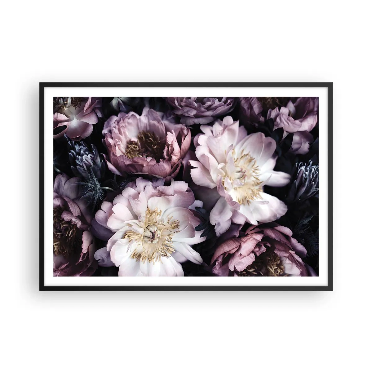 Poster in einem schwarzem Rahmen - Blumen in zarten Pastelltönen - 100x70cm - Blumenstrauß im alten Stil - Moderne Wanddekoration für Wohnzimmer und Schlafzimmer ARTTOR